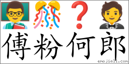 Emoji: 👨‍🏫 🎊 ❓ 🤵 , Text: 傅粉何郎