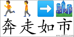 Emoji: 🏃 🚶 ➡ 🏙 , Text: 奔走如市