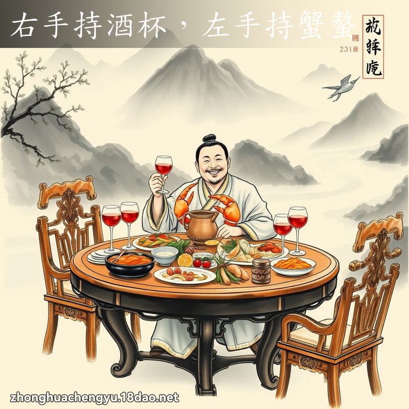 右手持酒杯,左手持蟹螯 配图