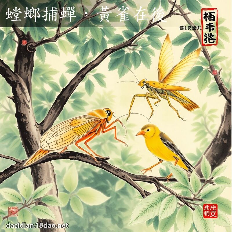 螳螂捕蝉,黄雀在后 配图